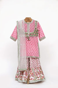 Cotton Block Print Kurta And Sharara With Gota Detailing And Net Dupatta