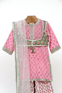 Cotton Block Print Kurta And Sharara With Gota Detailing And Net Dupatta