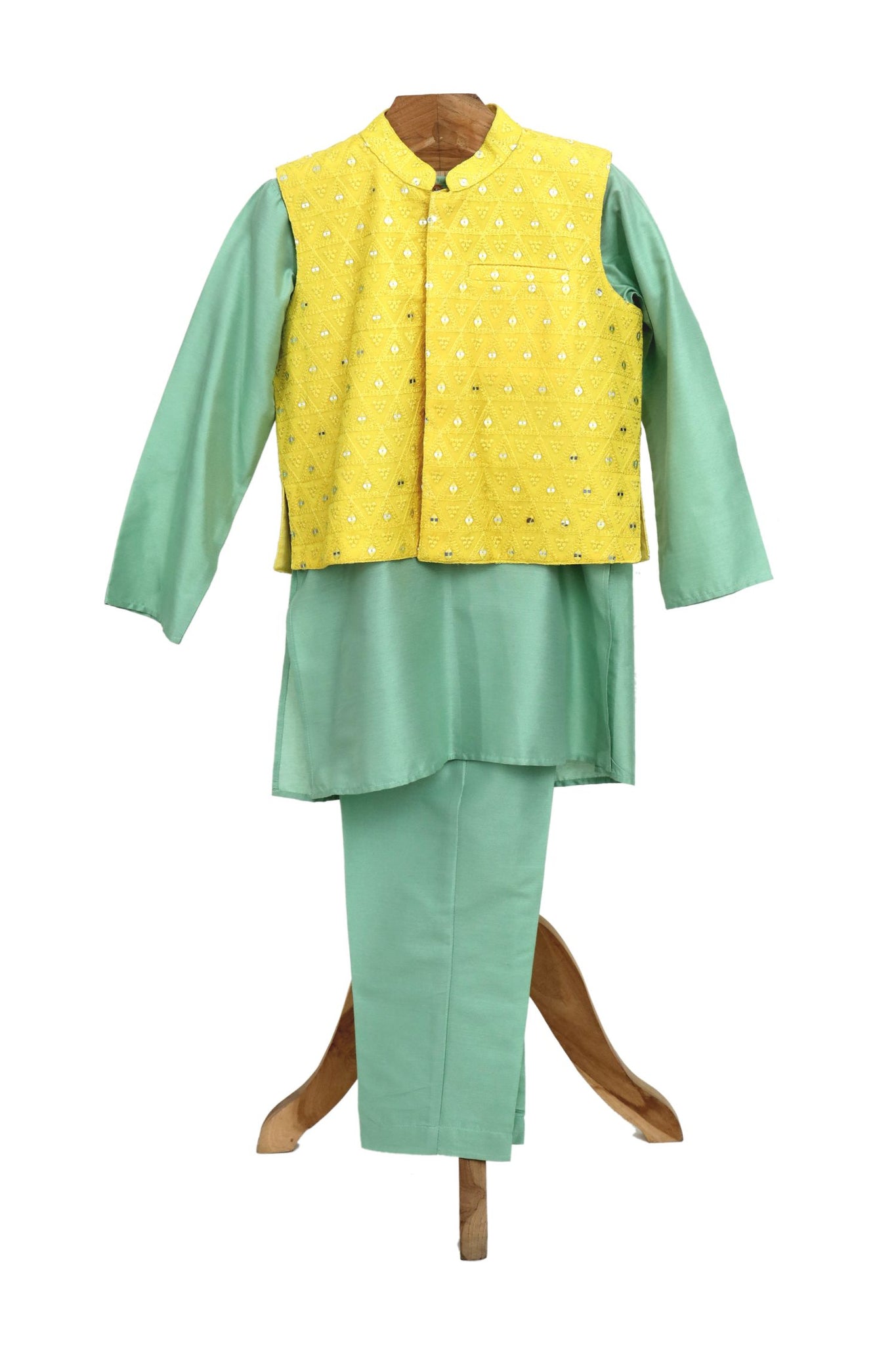 Cotton Silk Kurta Pyjama With Organza Embroidered Faux Mirron Jacket