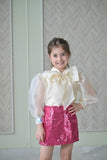 Ivory Bow Organza Top With Rani Pink Sequence Skirt Set