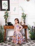 Zarita Pink Sequin Mermaid Dress With Lavender Fish Tail Skirt and Flower Datailing