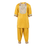 Raw Satin Kurta and Dhoti Pant with multicolor lace