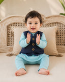 Sky Blue Moon-Star Motif Waistcoat Kurta Set