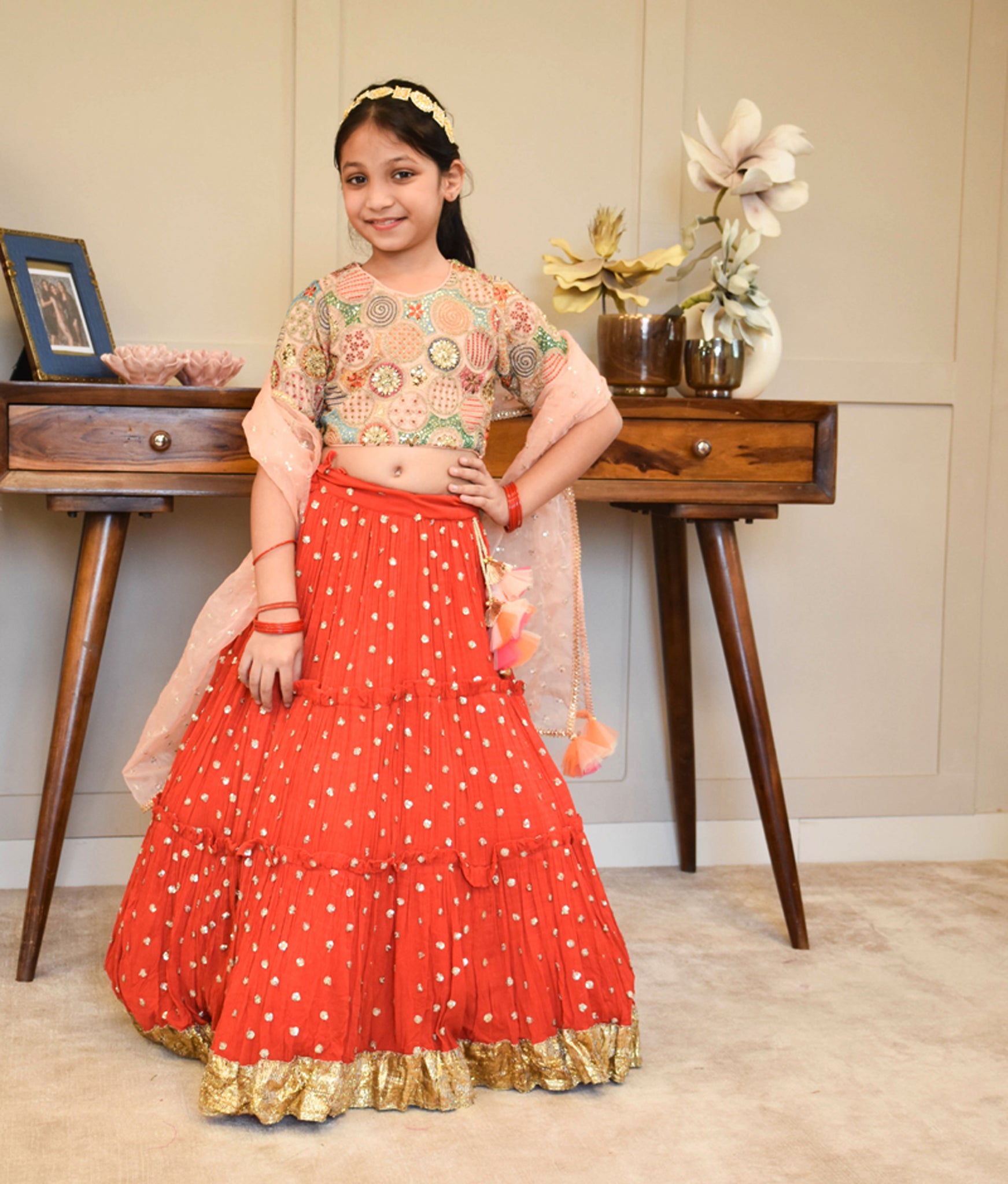 Red Crinkle Lehenga Set