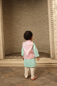 Blue kurta with pink embroidery nehru jacket set