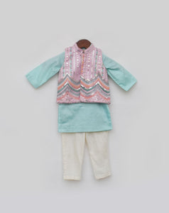 Blue kurta with pink embroidery nehru jacket set