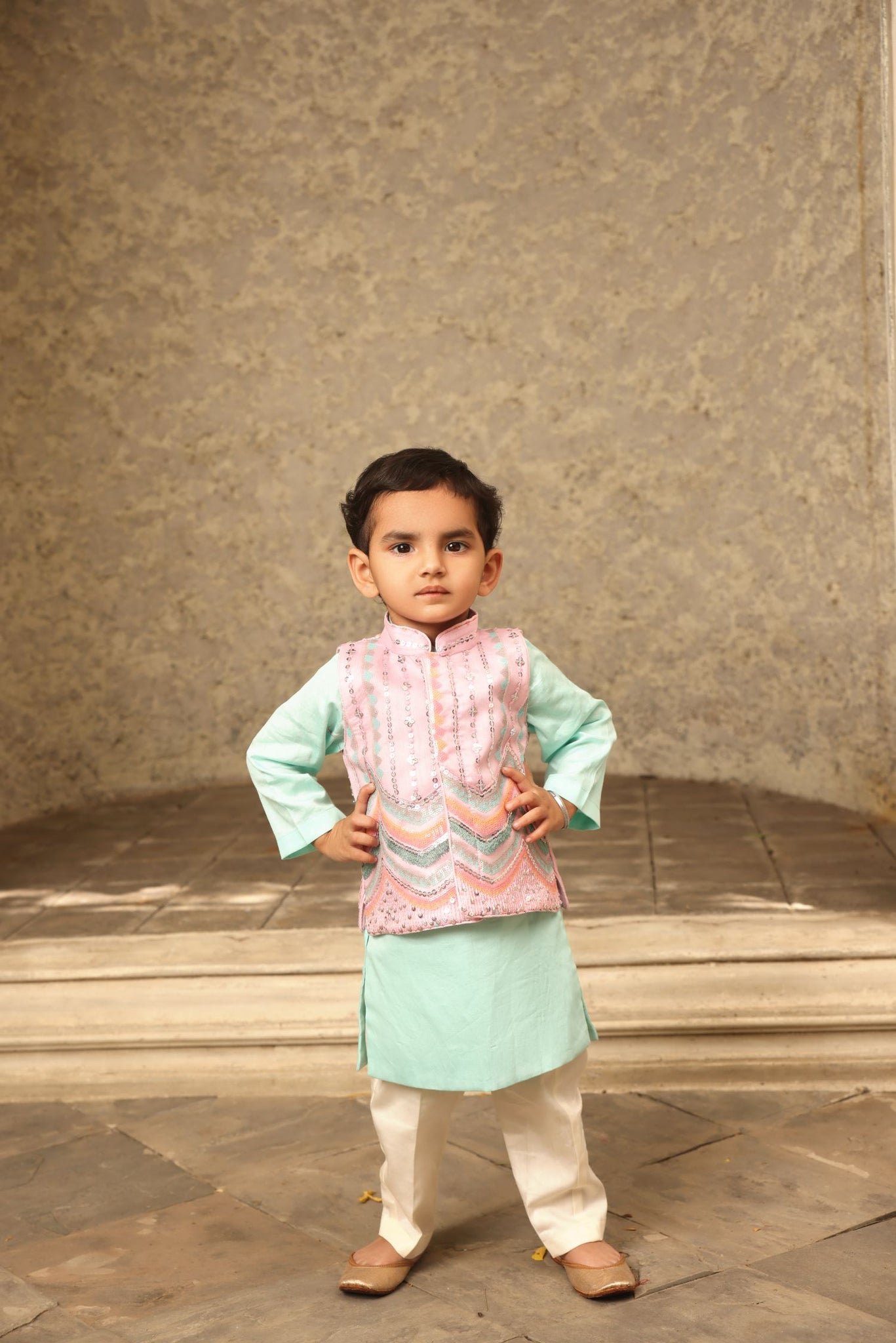 Blue kurta with pink embroidery nehru jacket set