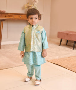 Blue Brocade Nehru Jacket Set