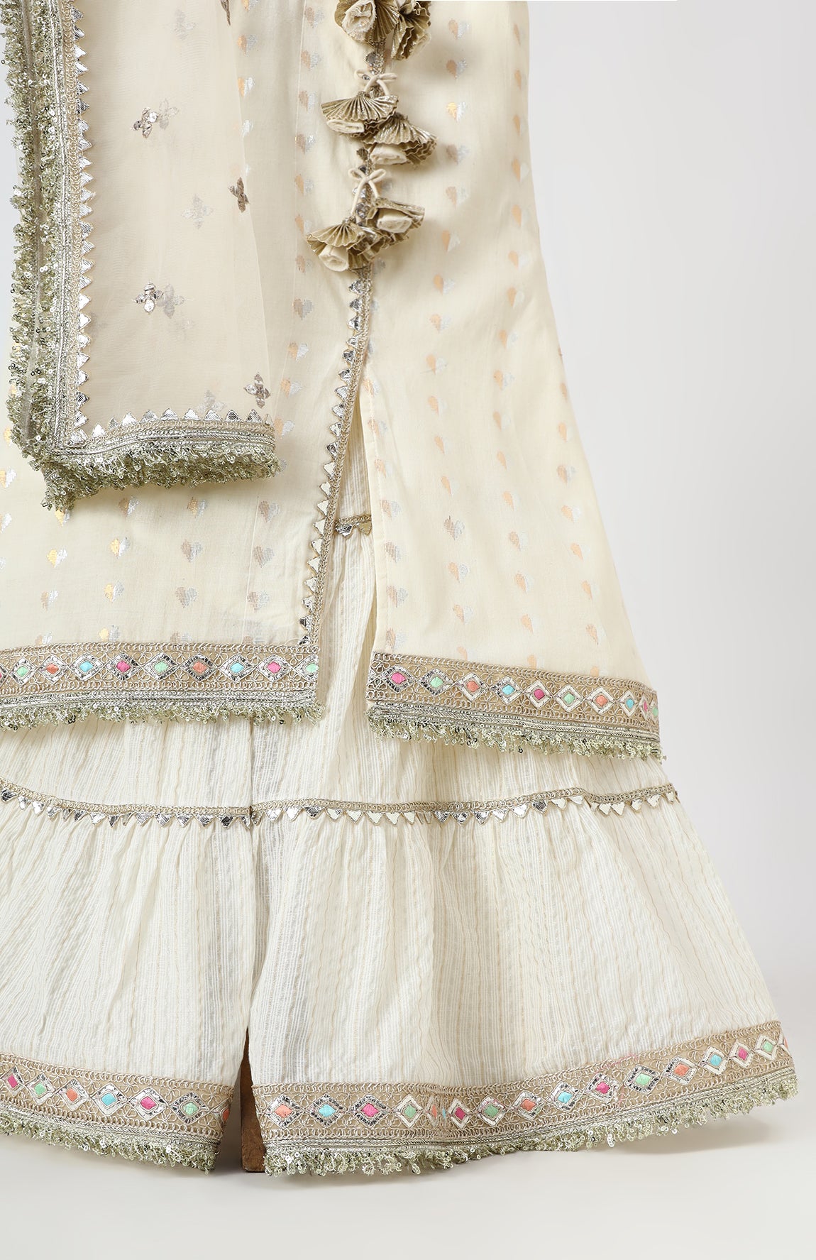 Chanderi mini mirror sequin emblishments Angrakha kurta with sharara and Soft Net Dupatta