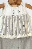 Dola Silk Top with Faux Mirror Embroidery embellished with Tassels paired with tissue Palazzo