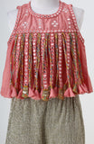 Dola Silk Top with Faux Mirror Embroidery embellished with Tassels paired with tissue Palazzo