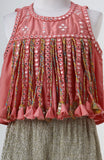 Dola Silk Top with Faux Mirror Embroidery embellished with Tassels paired with tissue Palazzo