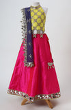 Raw silk blouse with faux mirror lace detailing and organza lehnga with gota detailing and mirrorwork border alongwith a soft net emb dupatta with pearl emb border