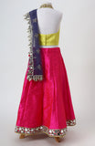 Raw silk blouse with faux mirror lace detailing and organza lehnga with gota detailing and mirrorwork border alongwith a soft net emb dupatta with pearl emb border