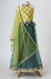 Raw silk blouse with faux mirror lace detailing and organza lehnga with gota detailing and mirrorwork border alongwith a soft net emb dupatta with pearl emb border
