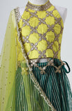 Raw silk blouse with faux mirror lace detailing and organza lehnga with gota detailing and mirrorwork border alongwith a soft net emb dupatta with pearl emb border