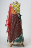 Raw silk blouse with faux mirror lace detailing and organza lehnga with gota detailing and mirrorwork border alongwith a soft net emb dupatta with pearl emb border