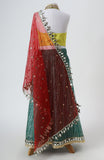 Raw silk blouse with faux mirror lace detailing and organza lehnga with gota detailing and mirrorwork border alongwith a soft net emb dupatta with pearl emb border