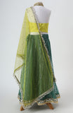 Raw silk blouse with faux mirror lace detailing and organza lehnga with gota detailing and mirrorwork border alongwith a soft net emb dupatta with pearl emb border