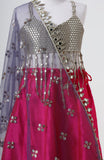 Faux mirror embroidered choli and raw silk lehenga with soft net dupatta