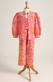 Cotton plain crop top with floral pants and Jacket/Shrug. Detailed with Lace trimmings.