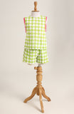 Cotton printed sleevesless checks Co-ord Set with shorts. Detailed with Lace trimmings and a big bow on the back