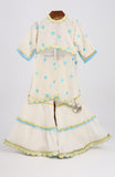 Sky-blue embroidered hearts on off white chanderi kurta with front slit and off white crushed cotton Sharara