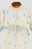 Sky-blue embroidered hearts on off white chanderi kurta with front slit and off white crushed cotton Sharara