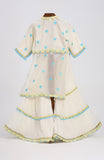Sky-blue embroidered hearts on off white chanderi kurta with front slit and off white crushed cotton Sharara