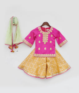 Pink Kurti With Yellow Brocade Sharara