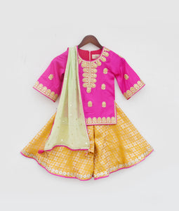 Pink Kurti With Yellow Brocade Sharara