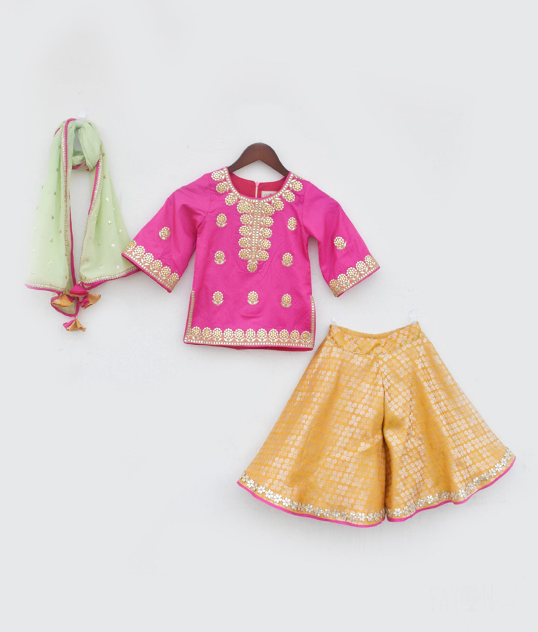 Pink Kurti With Yellow Brocade Sharara