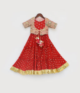 Red Crinkle Anarkali With Jacket