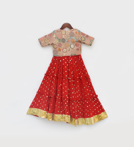 Red Crinkle Anarkali With Jacket