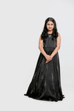 BLACK SATIN EMBOIDERED GOWN WITH DETACHABLE  RUFFLE DRAPE
