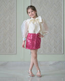 Ivory Bow Organza Top With Rani Pink Sequence Skirt Set