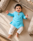 Turquoise Plam-Motif Asymmetrical Kurta Set