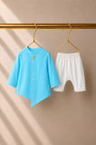 Turquoise Plam-Motif Asymmetrical Kurta Set