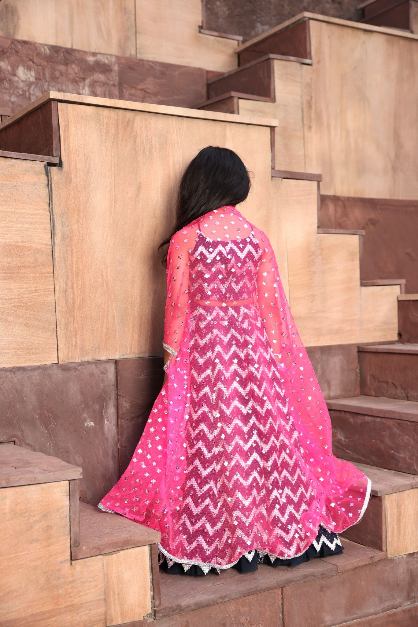 Hot Pink Cape With Dark Blue Lehenga Choli