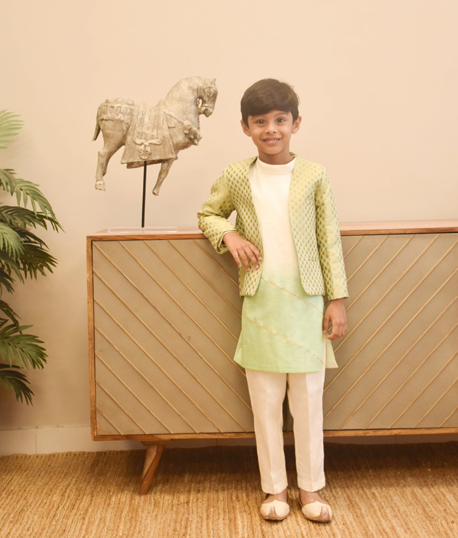 Pista Green Brocade Jacket With Kurta And Pant