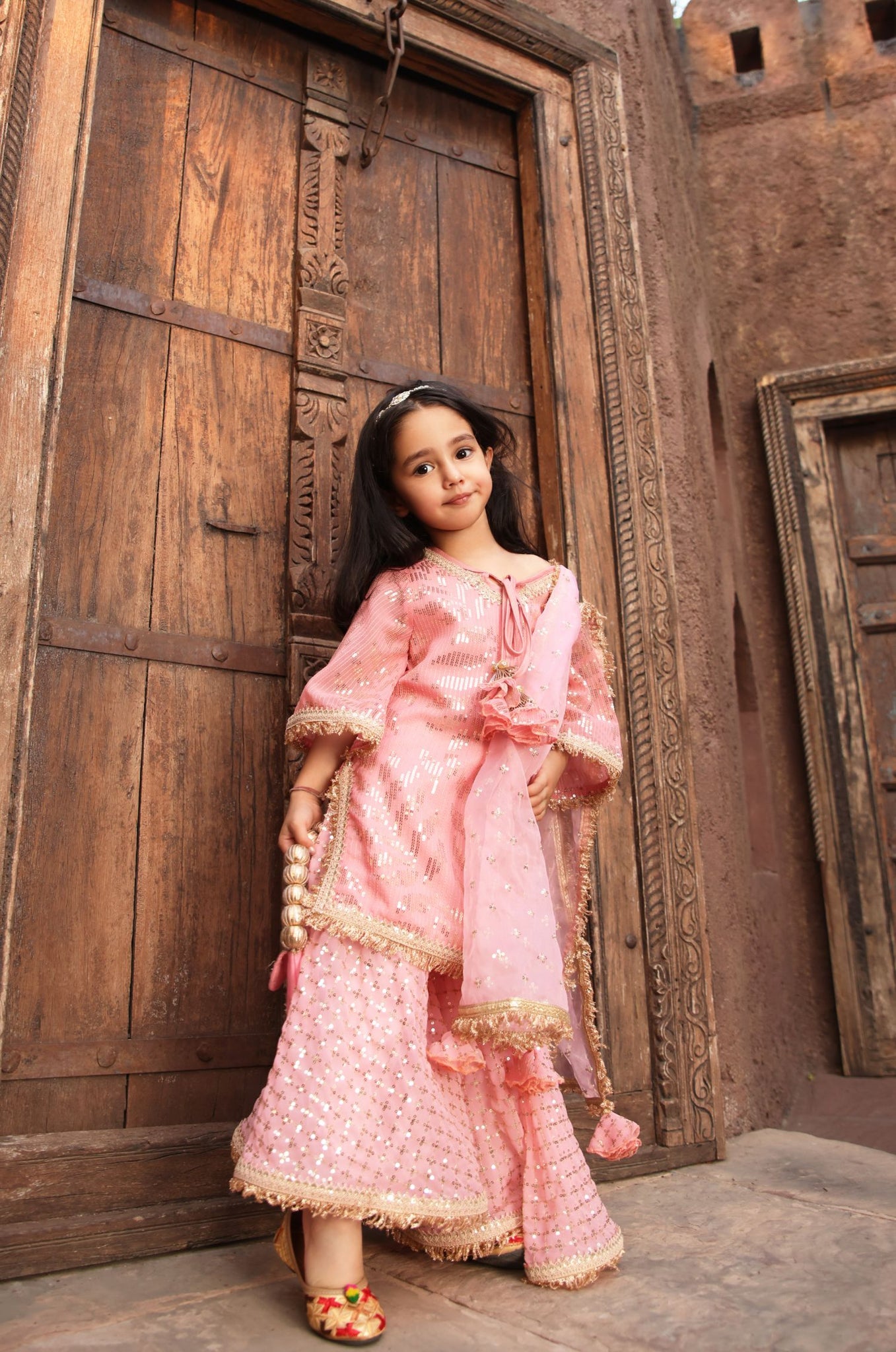 Peach Sequence Embroidery Kurti Sharara