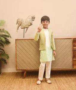 Pista Green Brocade Jacket With Kurta And Pant