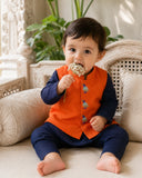 Navy Bird Motif Waistcoat Kurta Set