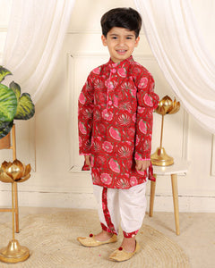 Red Floral Printed Kurta With Dhoti