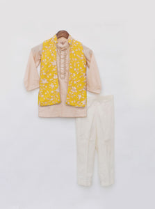 Yellow Parsi Work Jacket With Kurta And Pant