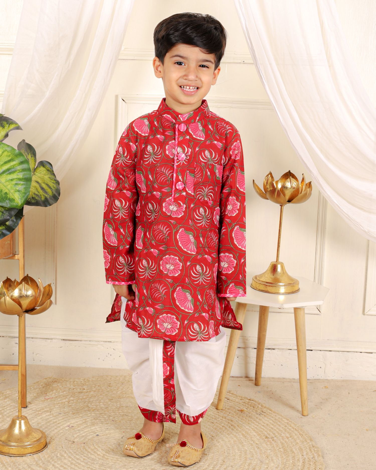 Red Floral Printed Kurta With Dhoti