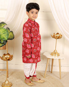 Red Floral Printed Kurta With Dhoti