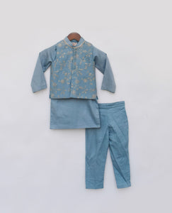 Blue Embroidered Nehru Jacket With Kurta And Pant