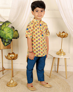 Cotton Print Kurta With Blue Pyjama