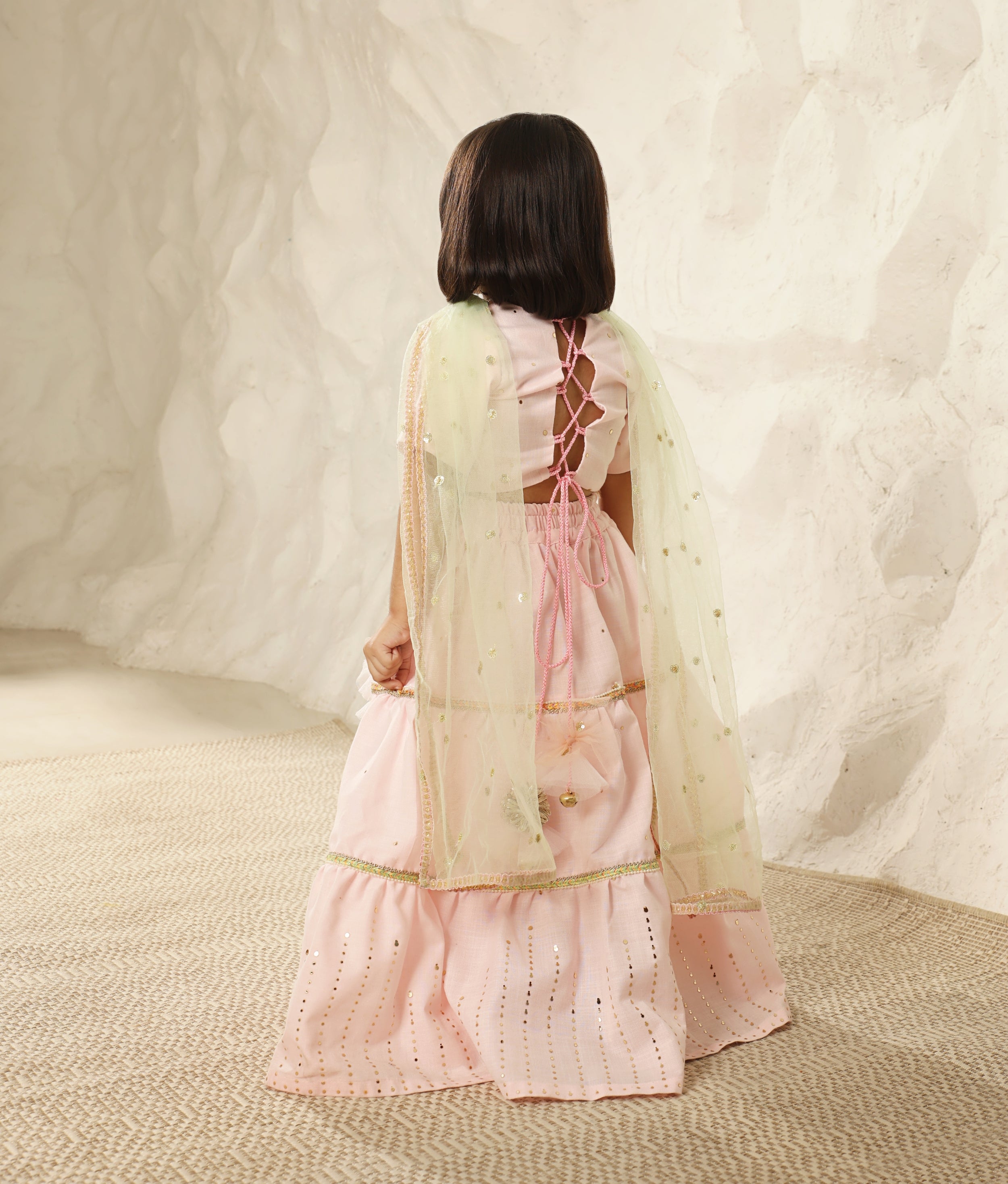Pink Faux Mukaish work Top & Skirt